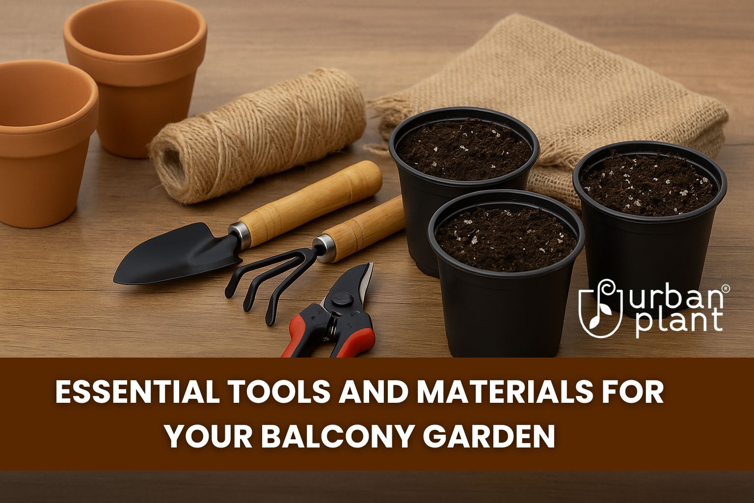 Essential Tools and Materials for Your Balcony Garden – Urban Plant gardening essentials with hand tools, terracotta pots, pruning shears, and seedling trays for an urban gardening setup